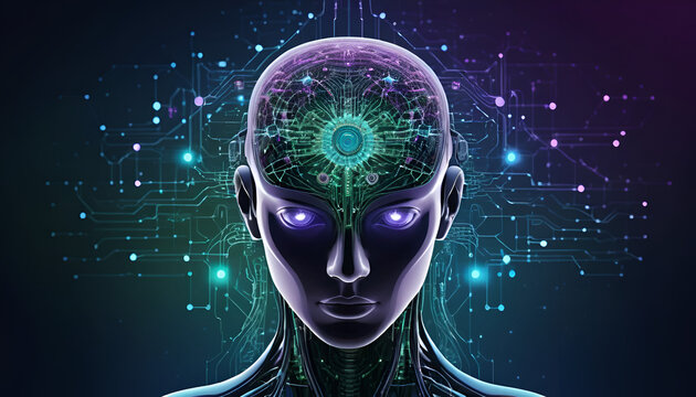 An abstract digital brain made of circuits and glowing data patterns on a dark background, symbolizing intelligence with luminous pathways and subtle binary code.