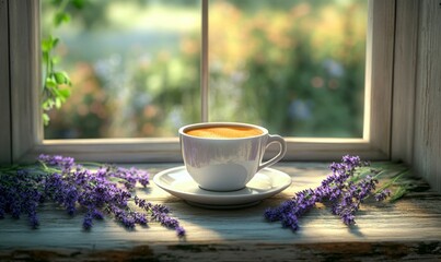Forced perspective cup of coffee on table with purple lavender flowers