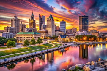 Milwaukee Wisconsin Skyline Panoramic Cityscape View at Sunset