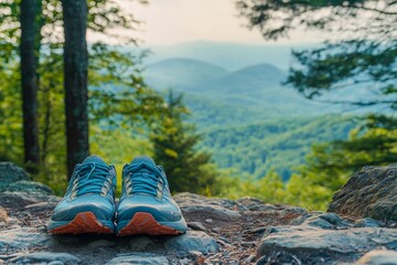 Fototapeta premium A pair of running shoes placed on a rocky path with a scenic forest view.