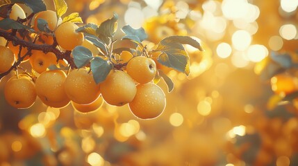 Golden apples hang on branches in a sunlit orchard during autumn season