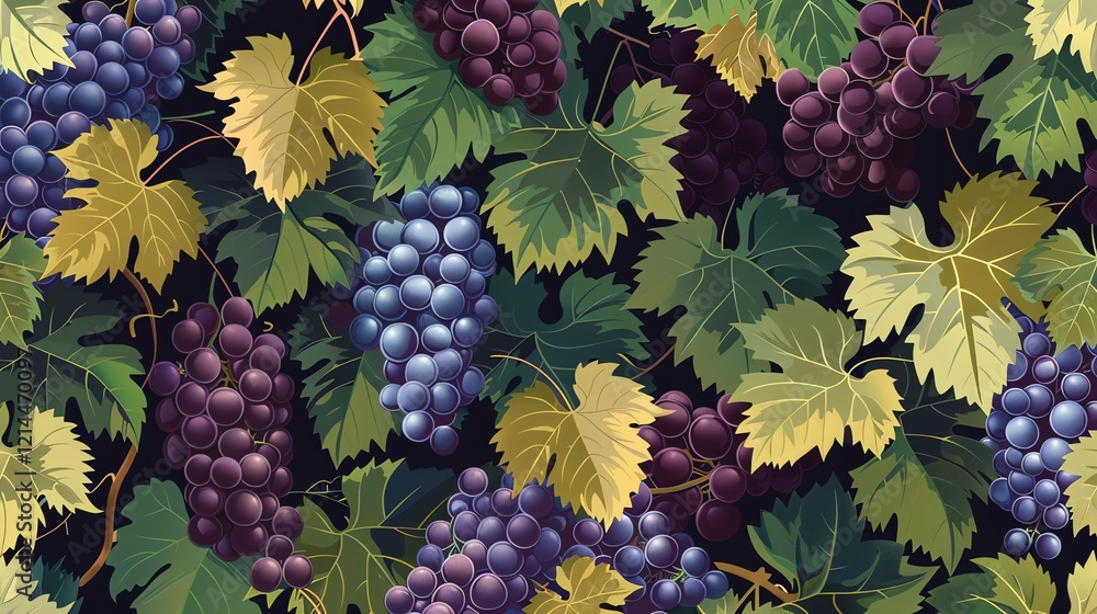 Poster a seamless pattern of lush grape vines with clusters of ripe purple grapes and leaves.