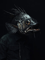 Obraz premium Dark surreal portrait of person with deep-sea fish head, eerie underwater creature concept, haunting hybrid design, bizarre fantasy artwork, moody and mysterious composition, unsettling deep-sea theme