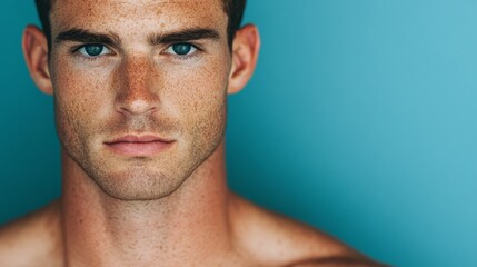 Obraz premium Intense Gaze: A close-up portrait of a young man with a captivating gaze, featuring blue eyes, freckles, and a determined expression, set against a vibrant blue background.
