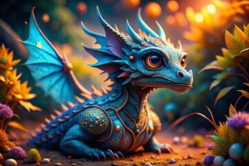 Miniature Blue Dragon Fantasy Character, 2024 - Tilt-Shift Photography