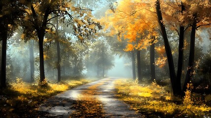 Fototapeta premium Autumn Forest Path Misty Road Golden Leaves Fall Scenery