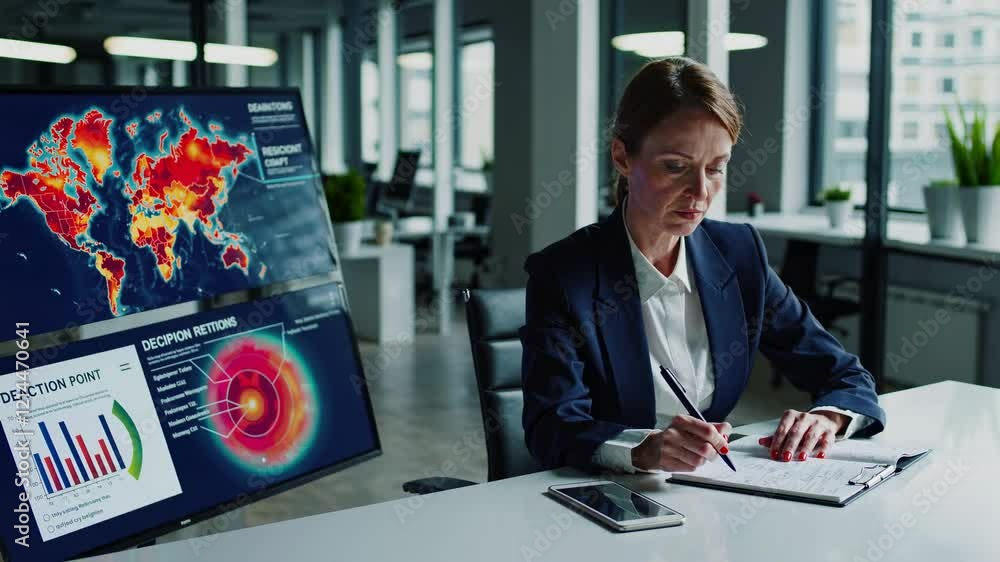 Aufkleber professional woman analyzing global data trends in a modern office environment with interactive disp