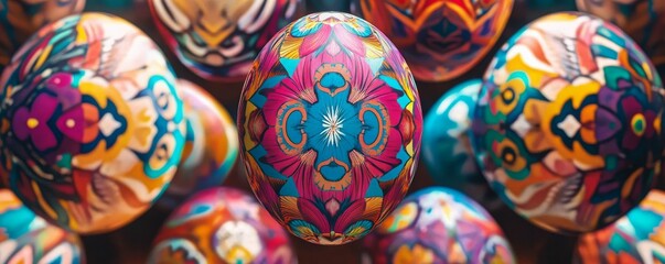 Intricate Easter egg pattern close-up with geometric and floral designs painted in bold vibrant colors, arranged symmetrically