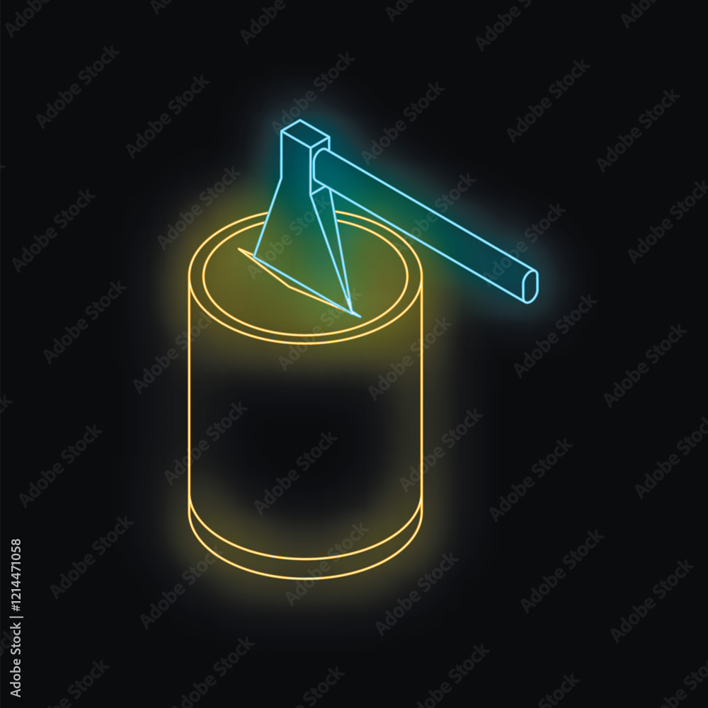 Poster glowing neon axe stuck in log, creating a striking visual on a dark background