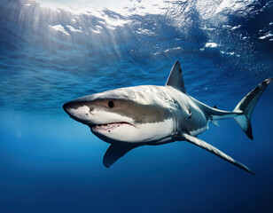 Naklejka premium A great white shark swims gracefully through deep blue ocean waters with sunlight streaming through the surface above.