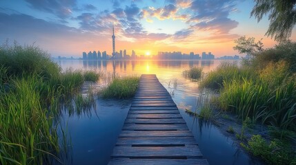 Fototapeta premium Sunrise pier, city skyline reflection, tranquil lake