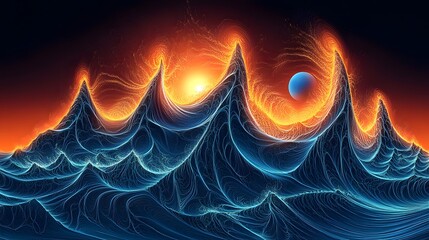 Abstract Fiery Ocean Waves   Digital Art  Fractal Landscape