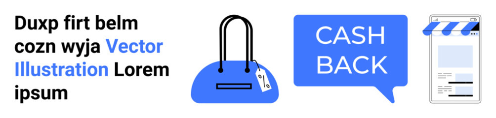 Online shopping interface featuring a handbag, cash back notification bubble, and mobile storefront. Ideal for e-commerce, shopping apps, discounts, mobile commerce, marketing, promotions