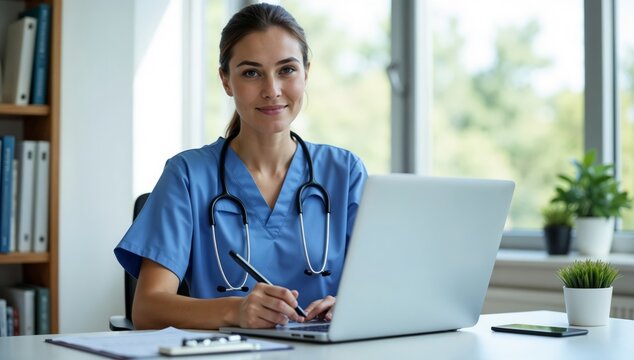 Professional Healthcare Worker Using Laptop in Office for Documentation