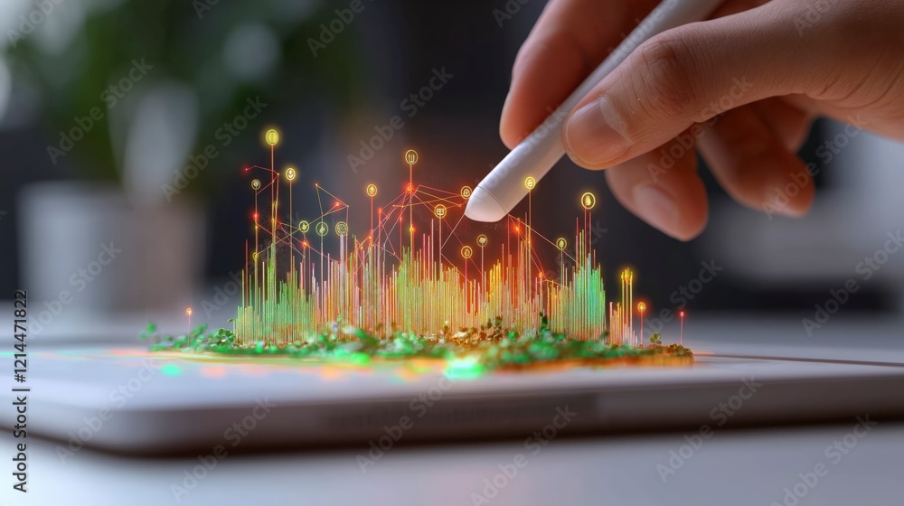 Poster hand using digital stylus on tablet for visual data representation and analytics displaying colorful