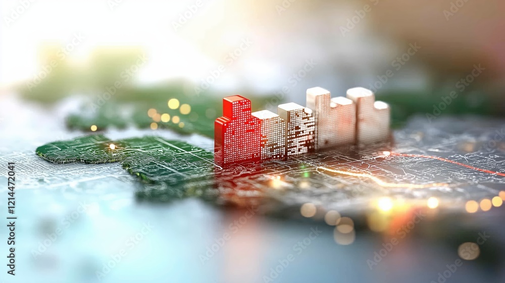 Poster abstract cityscape with red highlighted buildings on a digital map representation with blurry backgr