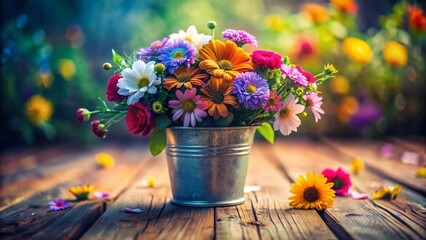 Fototapeta premium Miniature Flower Bucket on Wooden Floor - Tilt-Shift Photography