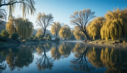 Serene Autumnal Reflection: Golden Willows Mirror in Calm Lake Waters