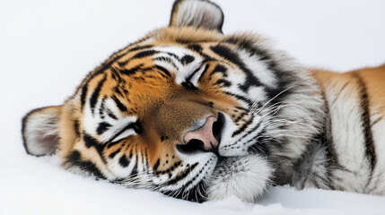Obraz premium Wildlife photography: Amur tiger resting with close eyes isolated on a white backdrop, white bengal tiger. 