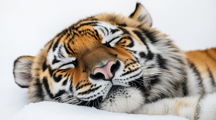 Fototapeta premium Close-up of an Amur tiger's face lying, isolated on a white background.