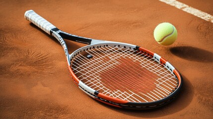 Tennis racket and ball on clay court, sunny day. Sports photography for websites or ads