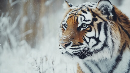 Obraz premium Majestic Amur tiger in snowfall, isolated on a white background.