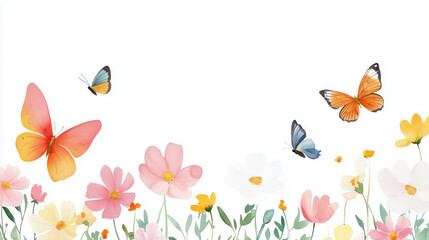 Fototapeta premium Beautiful watercolor butterflies and flowers in vibrant garden scene