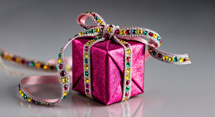 Vibrant Pink Gift Box Adorned with Gemstone Ribbons for Celebratory Moments