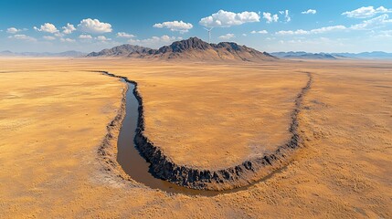 Desert river meanders, aerial view, wind turbine background, landscape