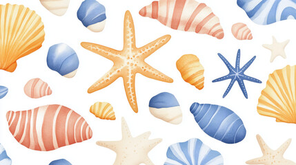 Colorful watercolor seashells and starfish on white background evoke coastal vibe. Perfect for beach themed designs