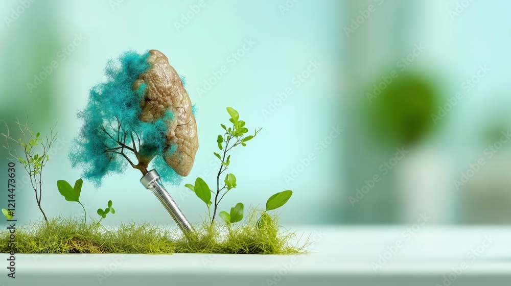 Poster creative concept of artificial intelligence and nature integration with lush greenery and brain repr
