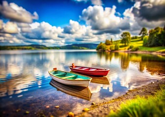 Obraz premium Miniature Lake Scene: Three Boats on Cloudy Shore