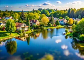 Miniature Lakeside Suburban Home, Idyllic Neighborhood, Tilt-Shift Photography
