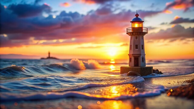 Miniature Lighthouse at Dawn: Coastal Seascape Tilt-Shift Photography - Powered by Adobe