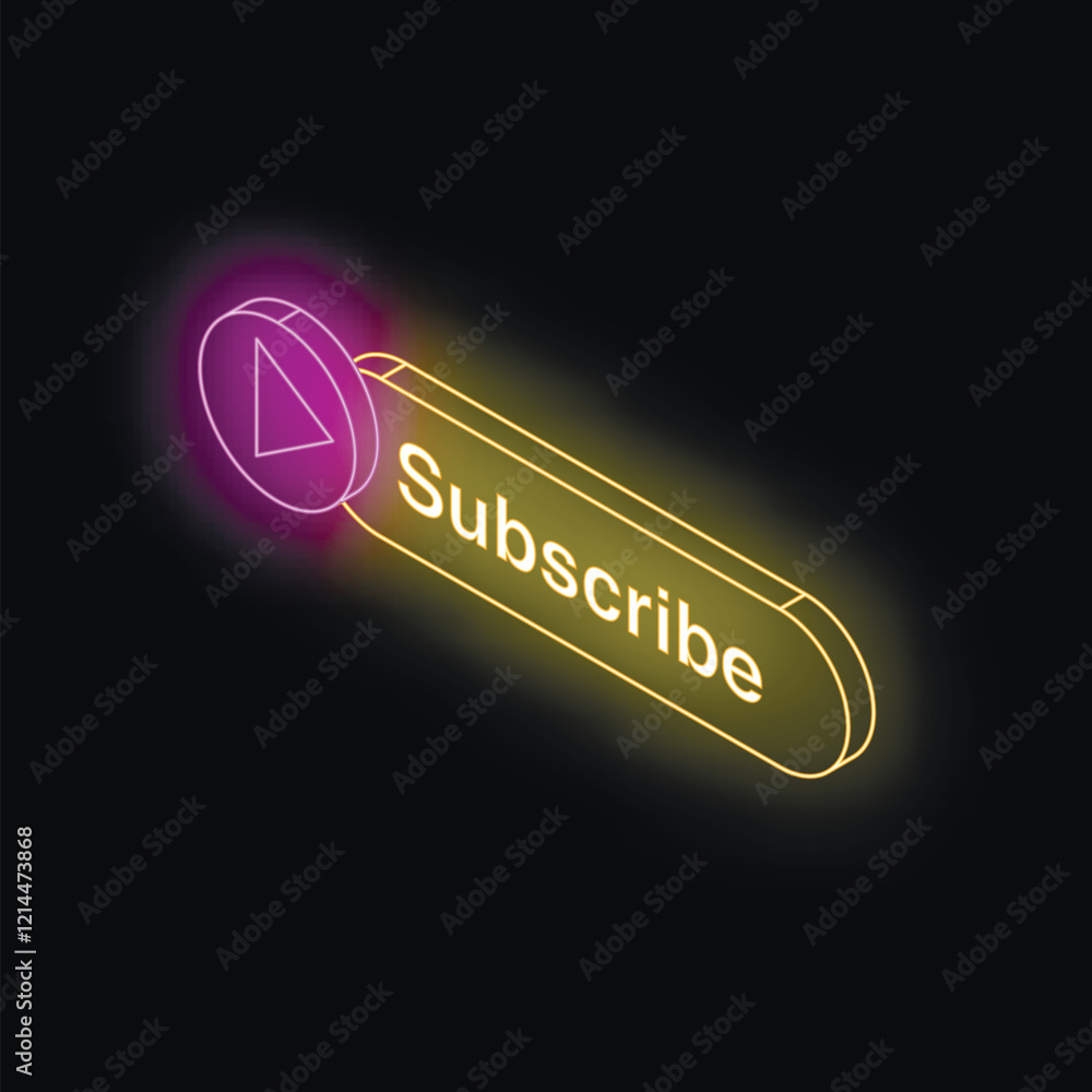 Poster glowing neon subscribe button with play icon invites viewers to follow a channel for more content