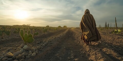 Fototapeta premium The Sower: A Biblical Scene of Hope in an Arid Land