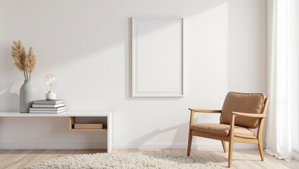 Fototapeta premium Centered on a pristine white wall, an elegant empty poster frame casts a subtle shadow to its right, creating a minimalist yet intriguing indoor scene with balanced lighting