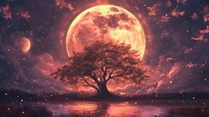 Enchanting Night Scene  Tree  Moon  Stars  Lake  Fireflies