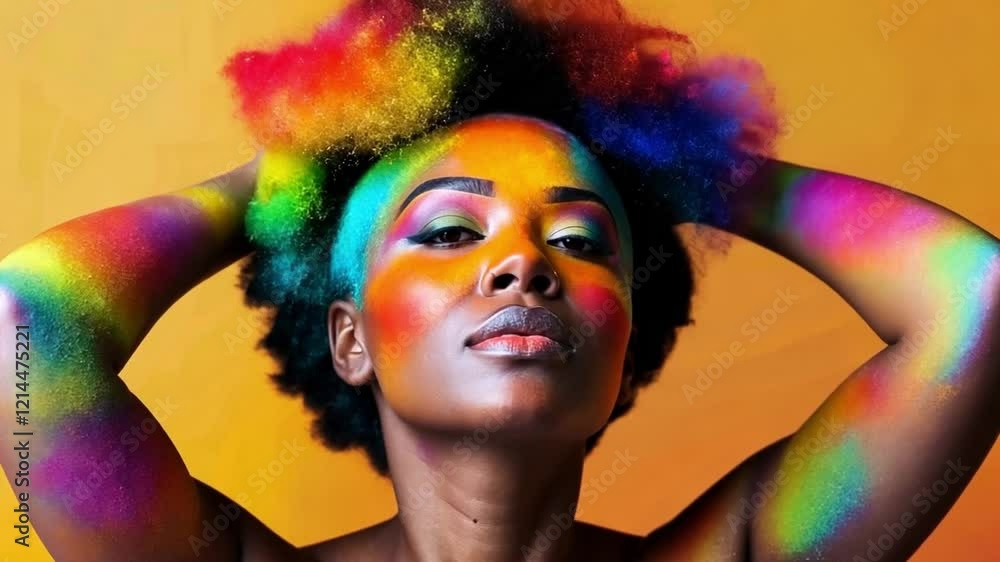 Leinwandbilder a woman with a serene expression features a stunning array of bright colors emanating from her hair,