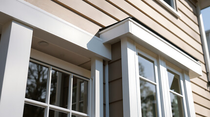 Modern Home Exterior: White Windows and Beige Siding. High-quality architecture and design details. Real Estate and home improvement concepts.