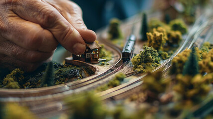A model train enthusiast adjusting the tracks and scenery on a detailed miniature railroad set, highlighting a passion for precision.