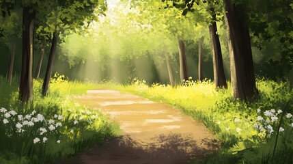 Obraz premium Sunlit Forest Path Green Trees Summer Landscape Nature Trail
