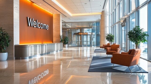 Bright and spacious office lobby showcases contemporary design elements, including comfortable seating, polished floors, and welcoming signage. Lush plants add a touch of nature to the environment