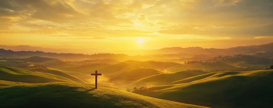 Majestic Easter sunrise over rolling green hills with a wooden cross silhouetted in the golden light, symbolizing hope '