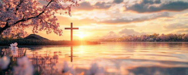 Sunrise Easter meditation by a tranquil lake, a single wooden cross on the shore, and reflections of blooming trees in the water