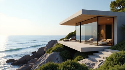 Fototapeta premium Modern beachfront home harmonizes with nature in a stunning coastal landscape