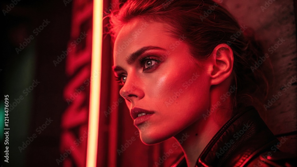 Poster a dramatic portrait of a woman with sharp cheekbones her face illuminated by a deep red neon light. 