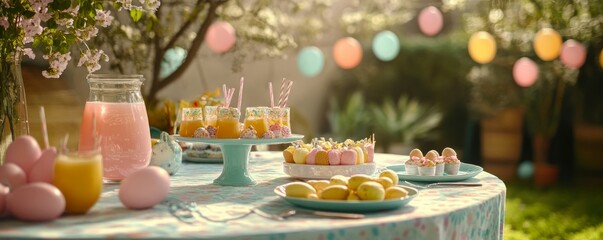 Picturesque Easter garden party with pastel-colored decorations, a table of sweets and drinks, and families enjoying the spring weather