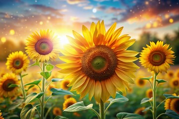 Obraz premium Miniature Sunflowers: Nine Stages of Growth, Tilt-Shift Photography