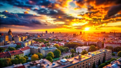 Naklejka premium Miniature Sunset Over Cityscape: Tilt-Shift Photography